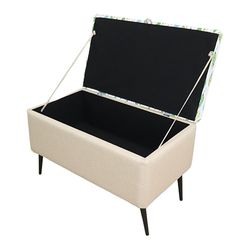 Puff para Recámara NORVAL Muebles Otomán Liverpool tapizado en Lino Beige con Estampado Hojas Reposapiés Individual para Sala o Pie de Cama con Baúl