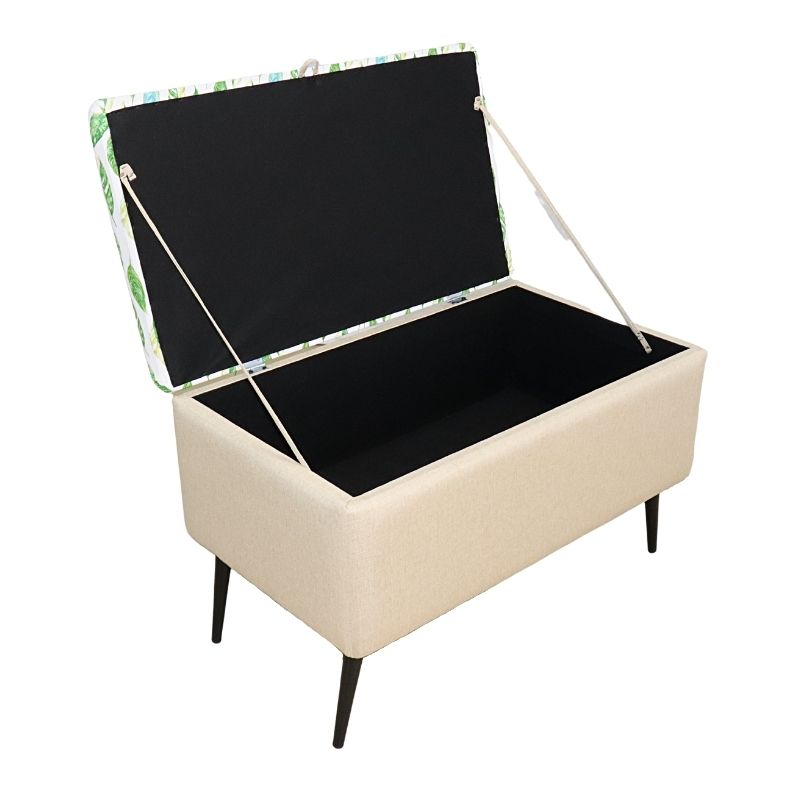 Puff para Recámara NORVAL Muebles Otomán Liverpool tapizado en Lino Beige con Estampado Hojas Reposapiés Individual para Sala o Pie de Cama con Baúl