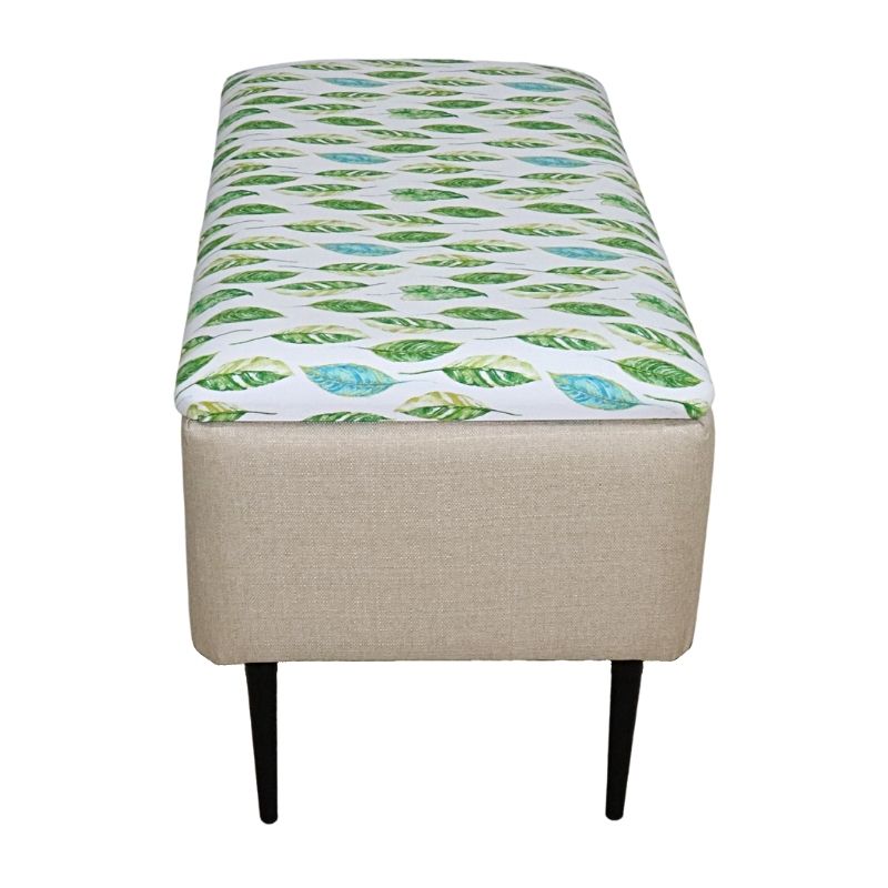 Puff para Recámara NORVAL Muebles Otomán Liverpool tapizado en Lino Beige con Estampado Hojas Reposapiés Individual para Sala o Pie de Cama con Baúl