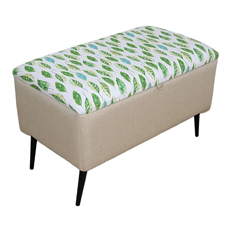 Puff para Recámara NORVAL Muebles Otomán Liverpool tapizado en Lino Beige con Estampado Hojas Reposapiés Individual para Sala o Pie de Cama con Baúl