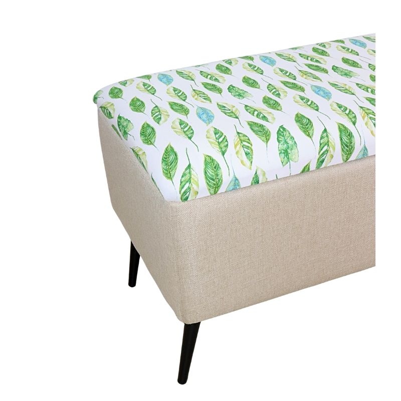 Puff para Recámara NORVAL Muebles Otomán Liverpool tapizado en Lino Beige con Estampado Hojas Reposapiés Individual para Sala o Pie de Cama con Baúl