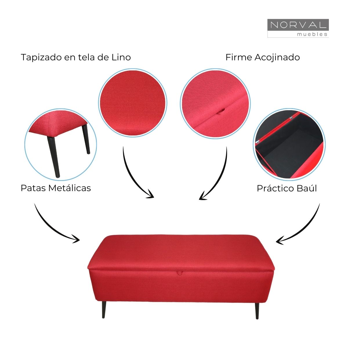 Taburete para Recámara Matrimonial NORVAL Muebles Otomán Liverpool tapizado en Lino Rojo con Baúl Moderno Puff para Zapatos o Juguetes