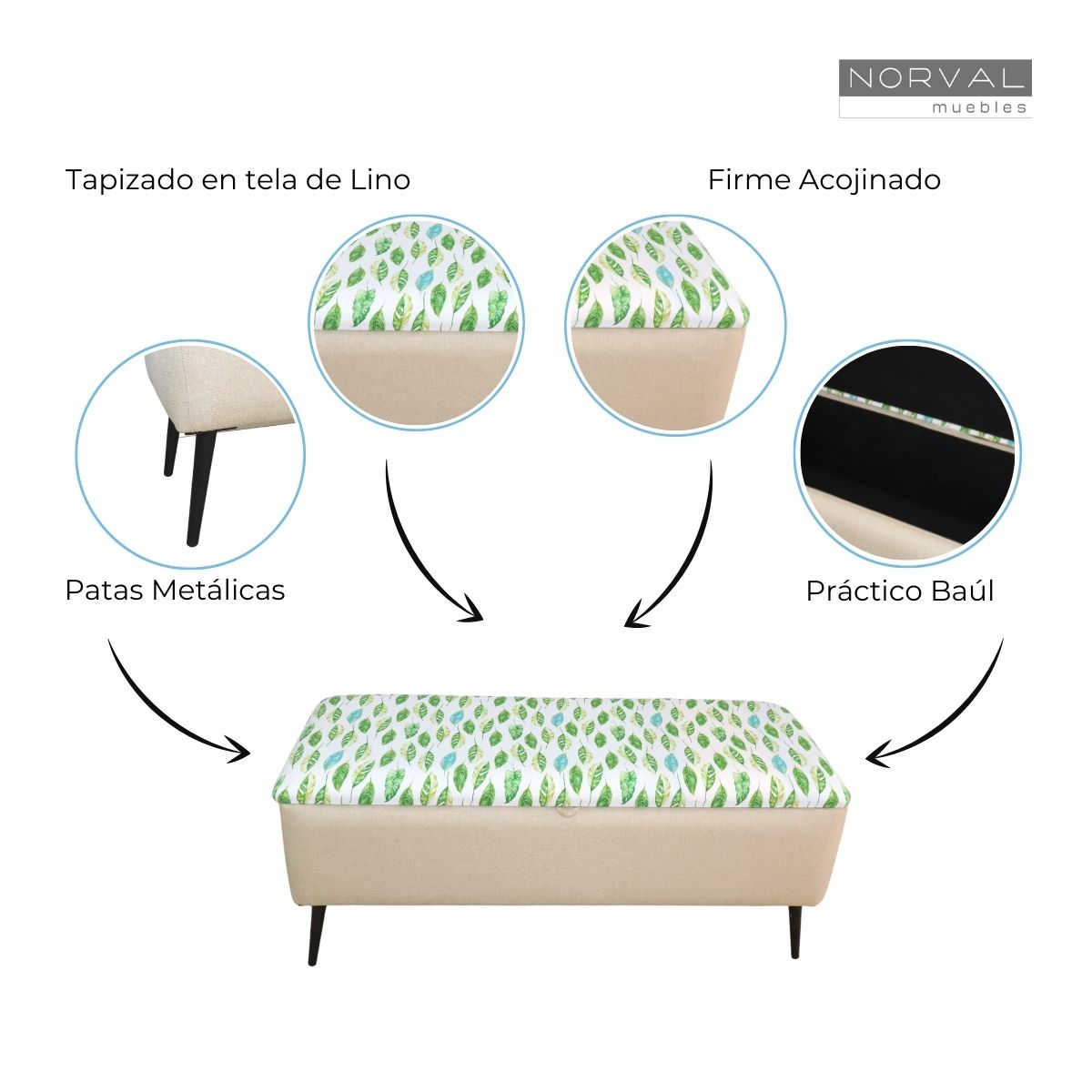 Otomán Matrimonial NORVAL Muebles Reposapiés Liverpool para Sala Otomán tapizado en Lino Beige con Estampado de Hojas Pie con Baúl para Zapatos o Juguetes