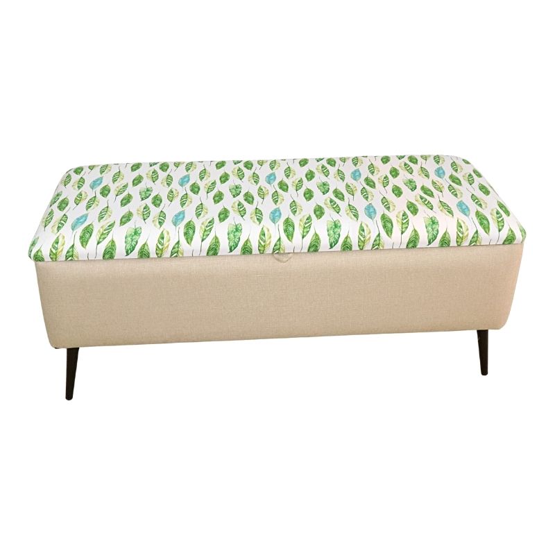 Otomán Matrimonial NORVAL Muebles Reposapiés Liverpool para Sala Otomán tapizado en Lino Beige con Estampado de Hojas Pie con Baúl para Zapatos o Juguetes