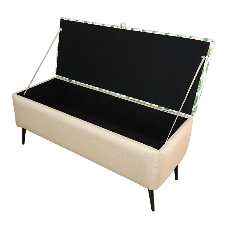 Otomán Matrimonial NORVAL Muebles Reposapiés Liverpool para Sala Otomán tapizado en Lino Beige con Estampado de Hojas Pie con Baúl para Zapatos o Juguetes