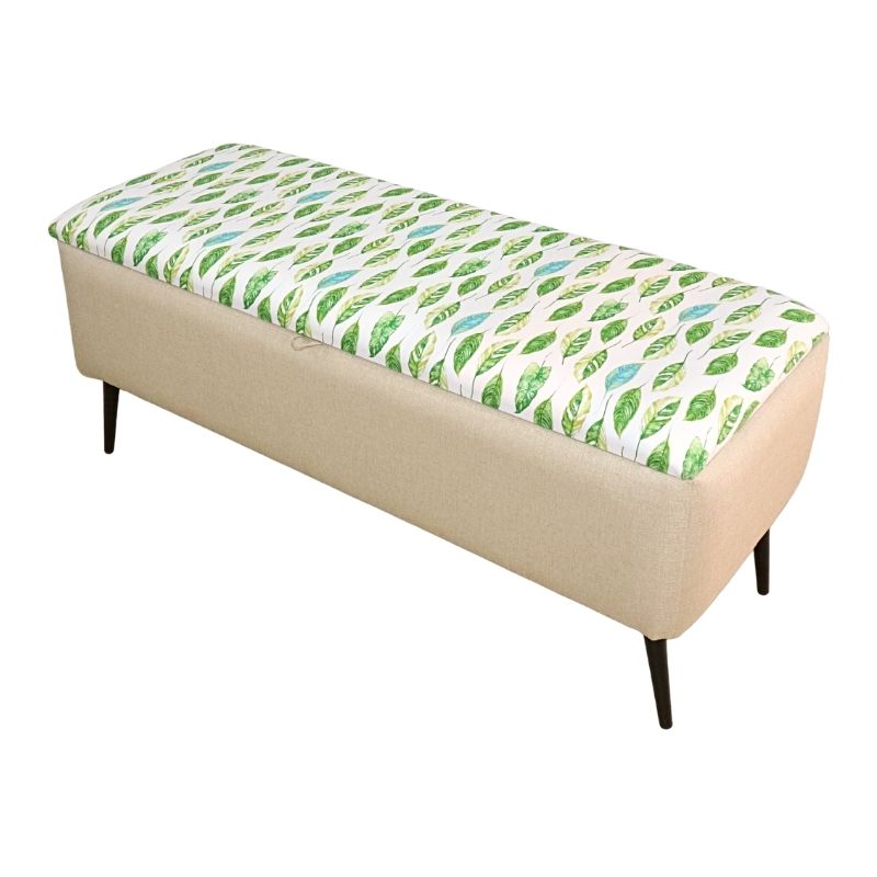 Otomán Matrimonial NORVAL Muebles Reposapiés Liverpool para Sala Otomán tapizado en Lino Beige con Estampado de Hojas Pie con Baúl para Zapatos o Juguetes