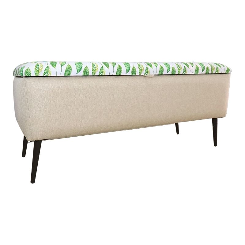 Otomán Matrimonial NORVAL Muebles Reposapiés Liverpool para Sala Otomán tapizado en Lino Beige con Estampado de Hojas Pie con Baúl para Zapatos o Juguetes