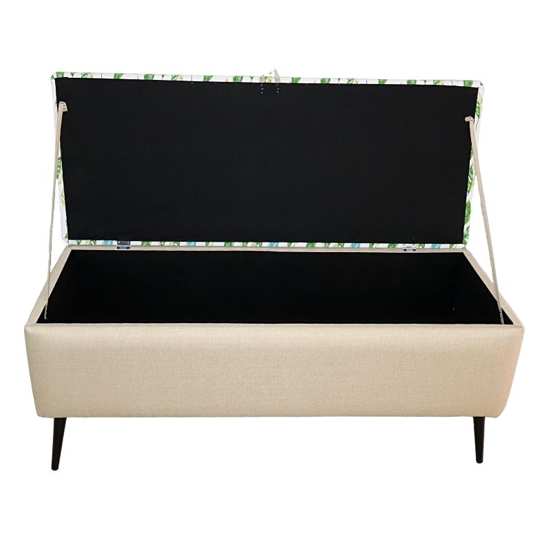 Otomán Matrimonial NORVAL Muebles Reposapiés Liverpool para Sala Otomán tapizado en Lino Beige con Estampado de Hojas Pie con Baúl para Zapatos o Juguetes