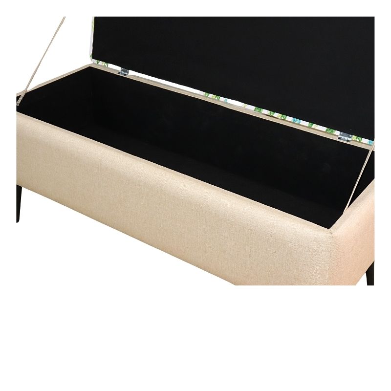 Otomán Matrimonial NORVAL Muebles Reposapiés Liverpool para Sala Otomán tapizado en Lino Beige con Estampado de Hojas Pie con Baúl para Zapatos o Juguetes