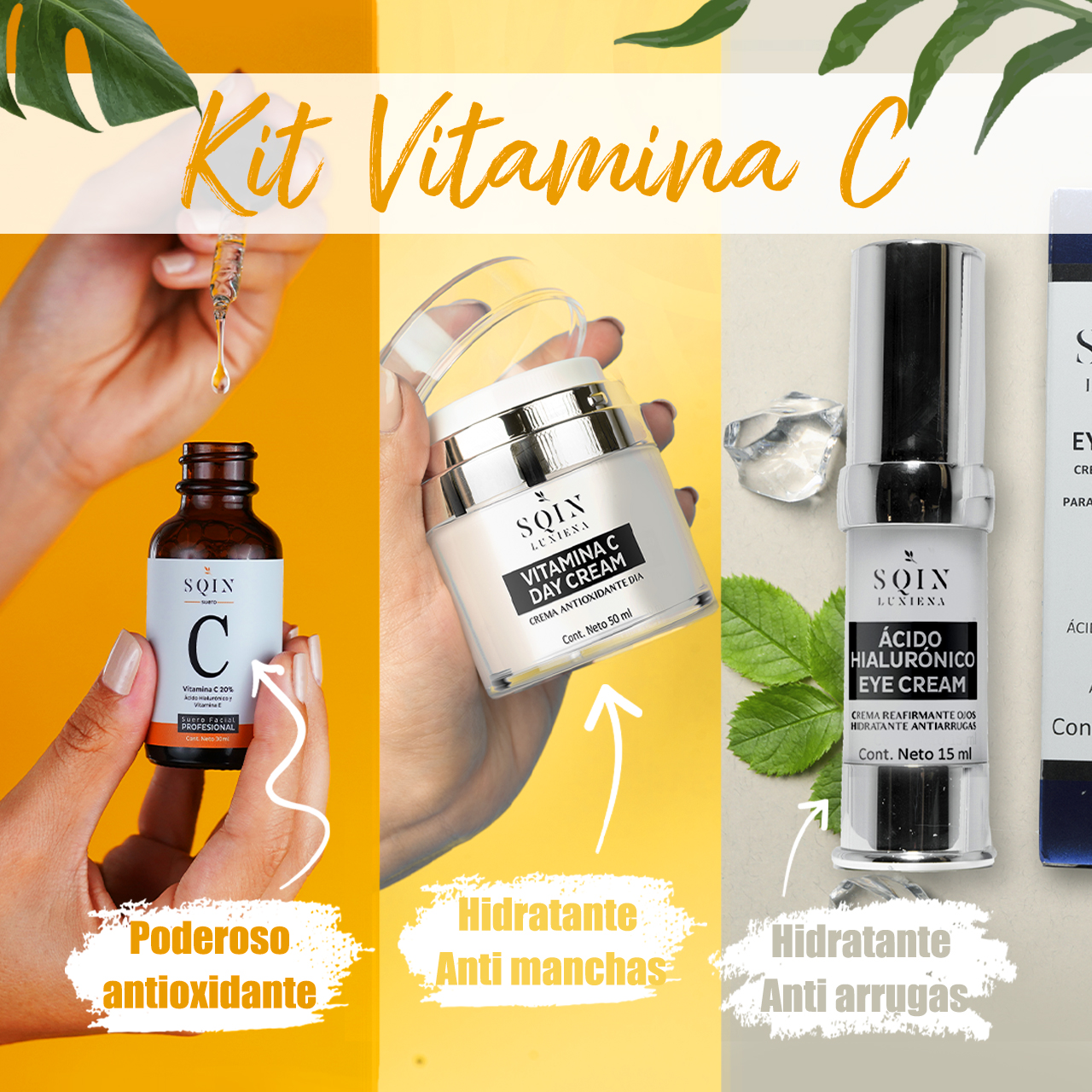 Kit skin care: Serum Vitamina C 20%, Anti Manchas + Crema Vitamina C y E, Aclarante e Hidratante + Crema Ácido hialurónico, Contorno de Ojos, Antiarrugas y Ojeras.