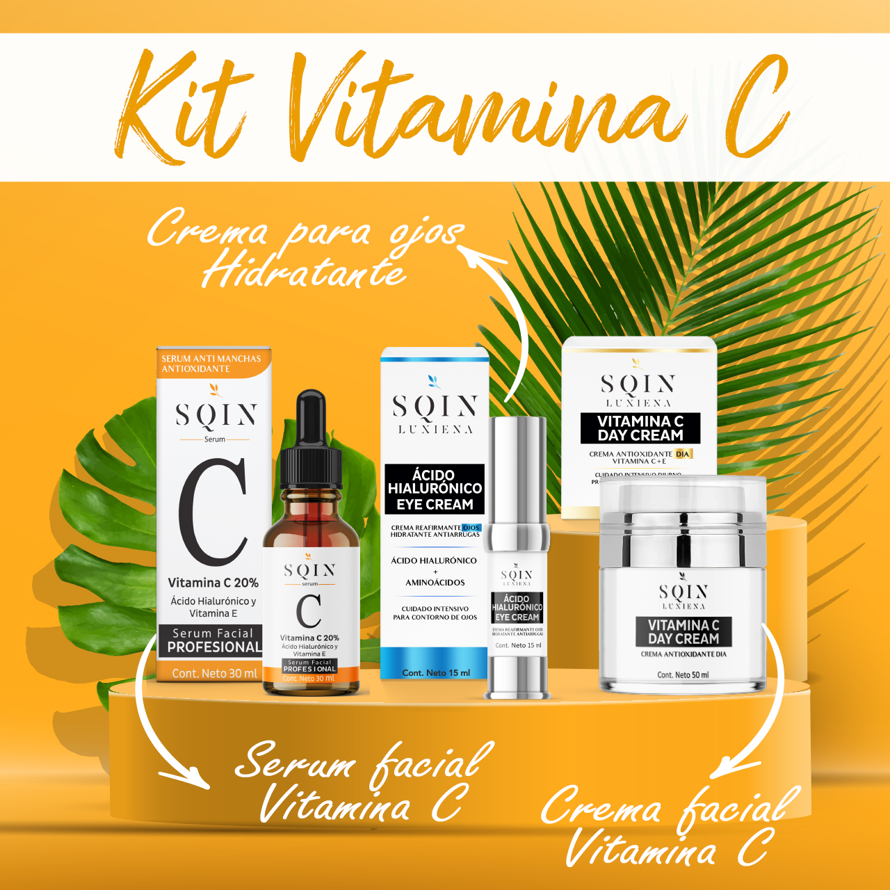 Kit skin care: Serum Vitamina C 20%, Anti Manchas + Crema Vitamina C y E, Aclarante e Hidratante + Crema Ácido hialurónico, Contorno de Ojos, Antiarrugas y Ojeras.