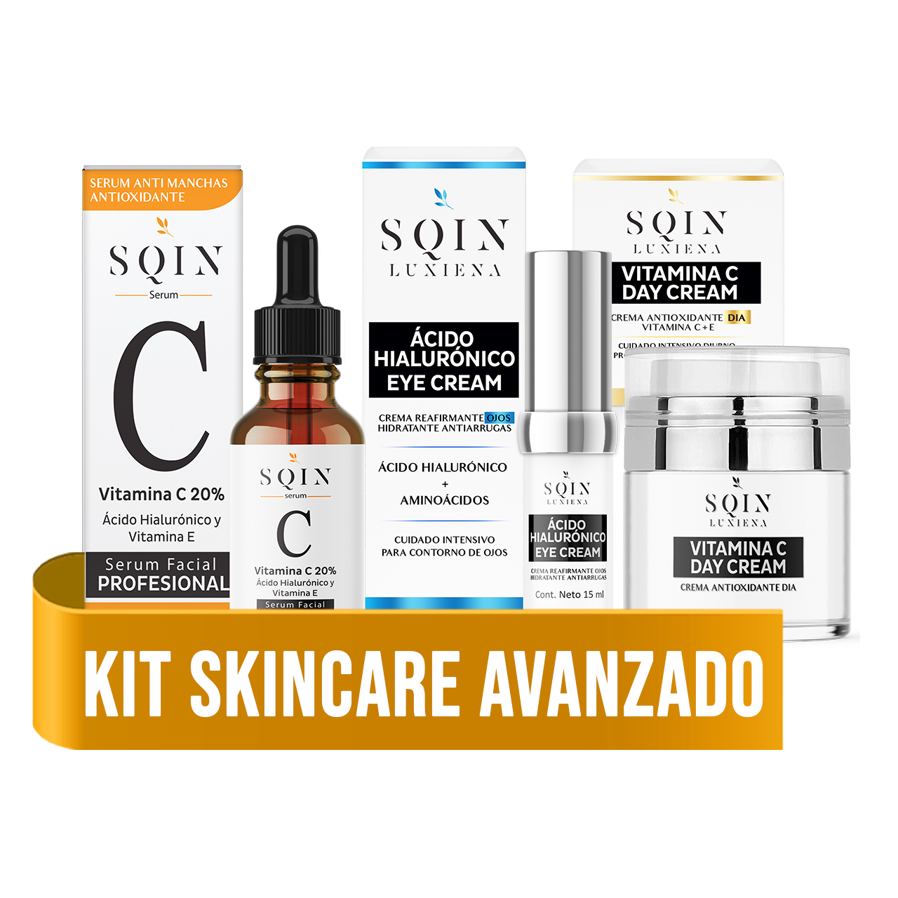 Kit skin care: Serum Vitamina C 20%, Anti Manchas + Crema Vitamina C y E, Aclarante e Hidratante + Crema Ácido hialurónico, Contorno de Ojos, Antiarrugas y Ojeras.
