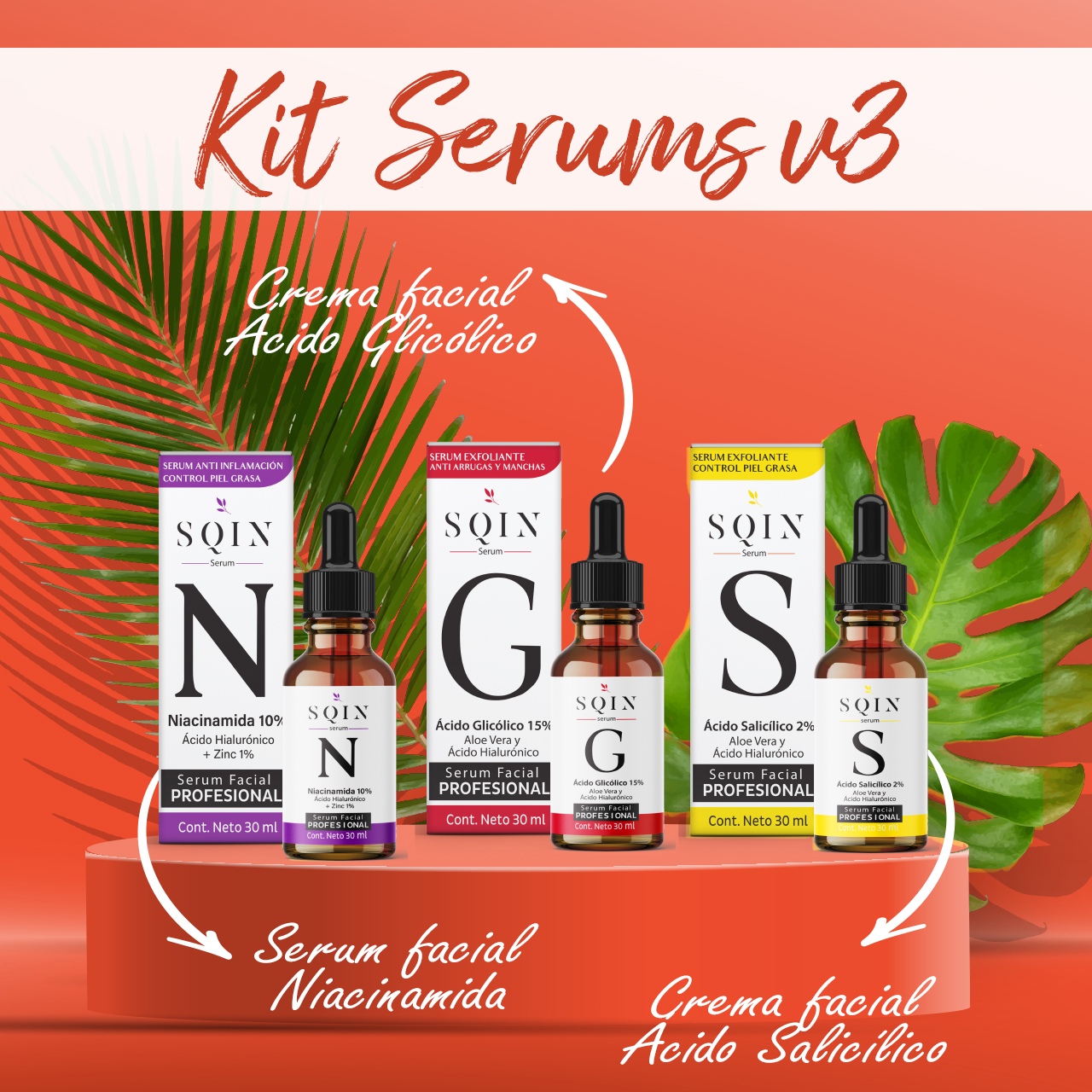 Kit Skin care: Serum Ácido Glicolico + Serum Acido Salicilico + Serum Niacinamida y Ácido hialurónico, Kit Cuidado Facial Antiacne, Exfoliante facial, Control Piel Grasa y Puntos Negros