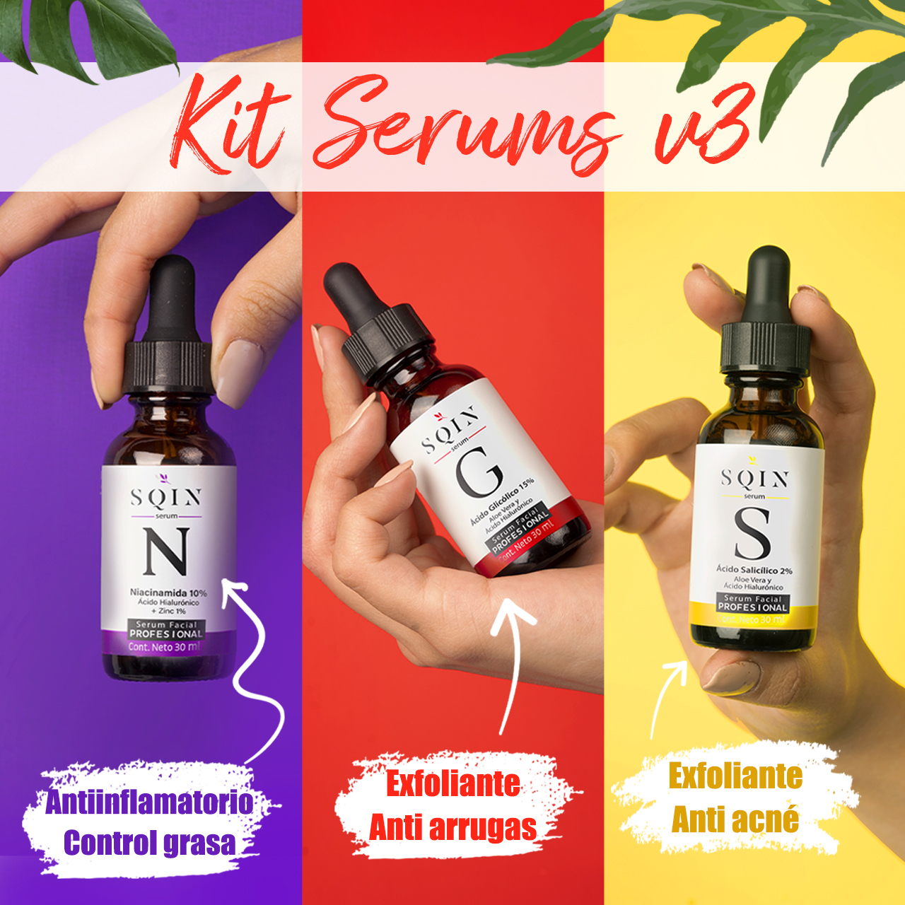 Kit Skin care: Serum Ácido Glicolico + Serum Acido Salicilico + Serum Niacinamida y Ácido hialurónico, Kit Cuidado Facial Antiacne, Exfoliante facial, Control Piel Grasa y Puntos Negros