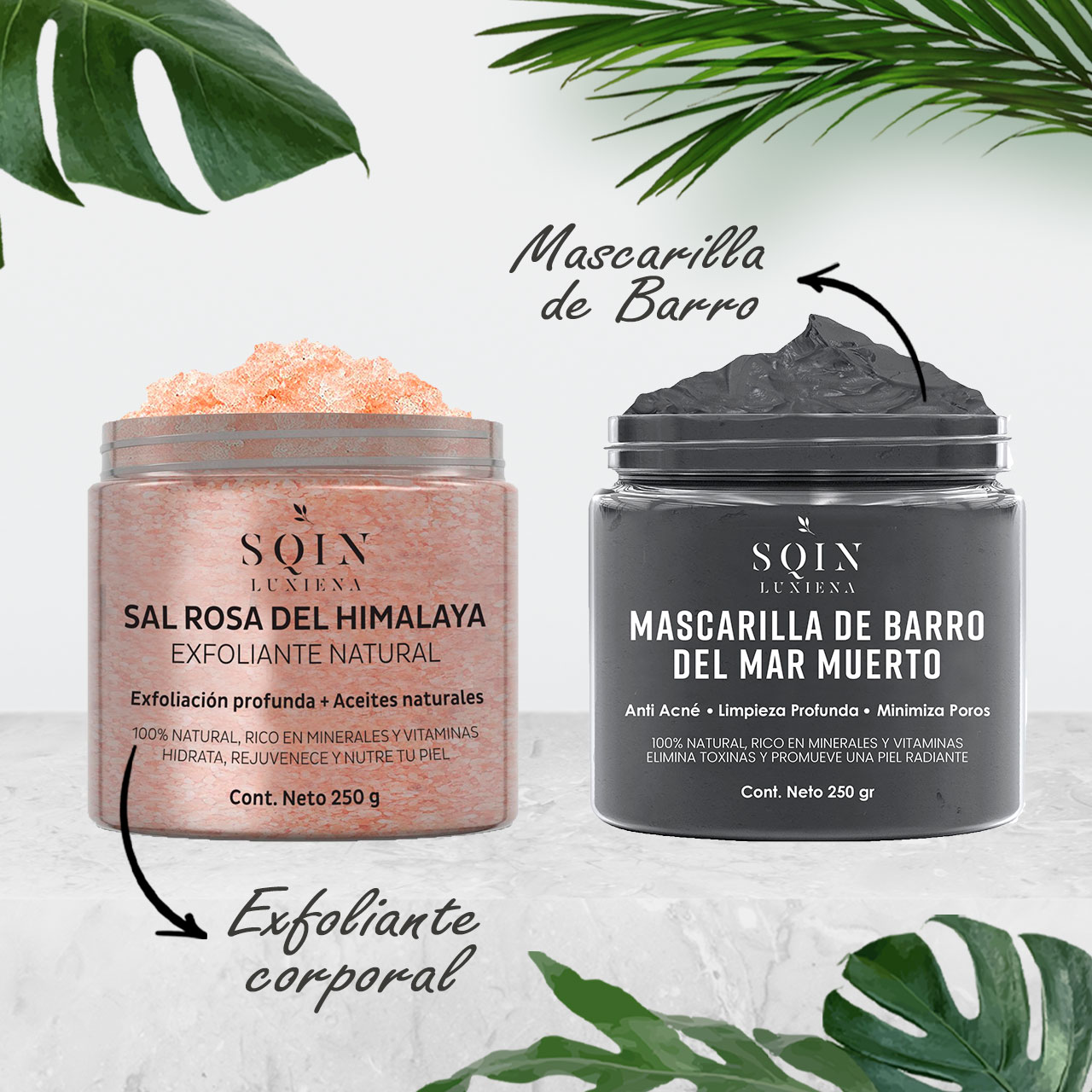 Kit SQIN LX: Exfoliante de Sal Rosa del Himalaya + Mascarilla Facial de Barro del Mar Muerto.