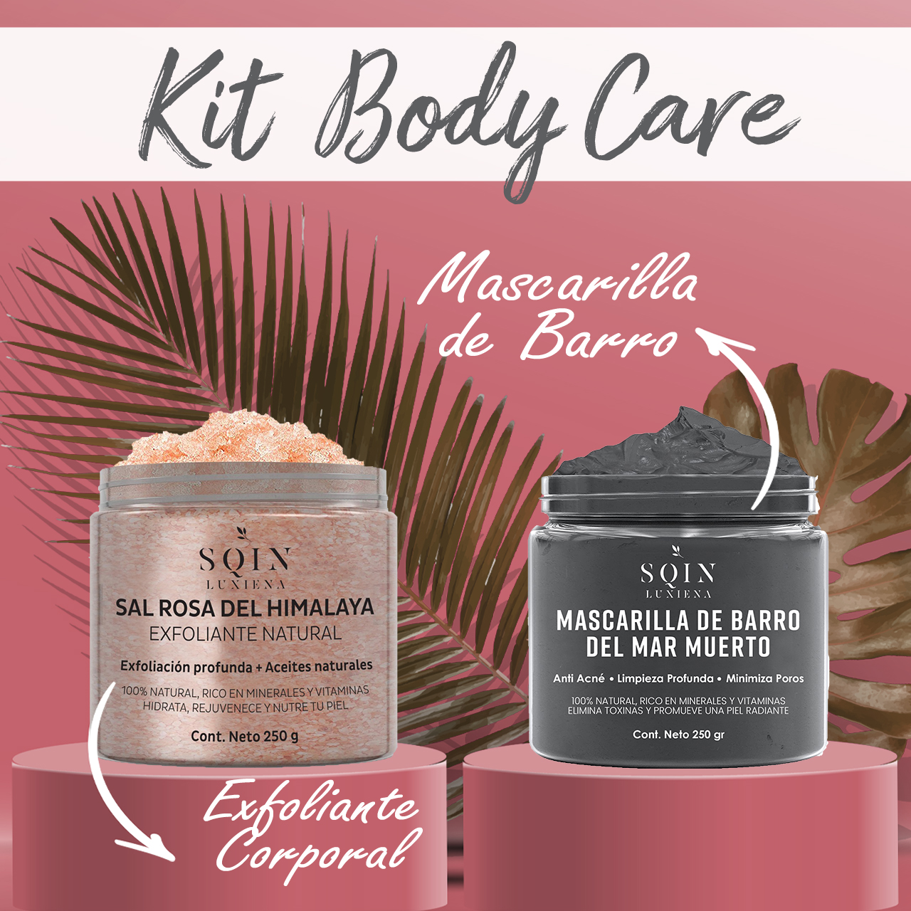 Kit SQIN LX: Exfoliante de Sal Rosa del Himalaya + Mascarilla Facial de Barro del Mar Muerto.