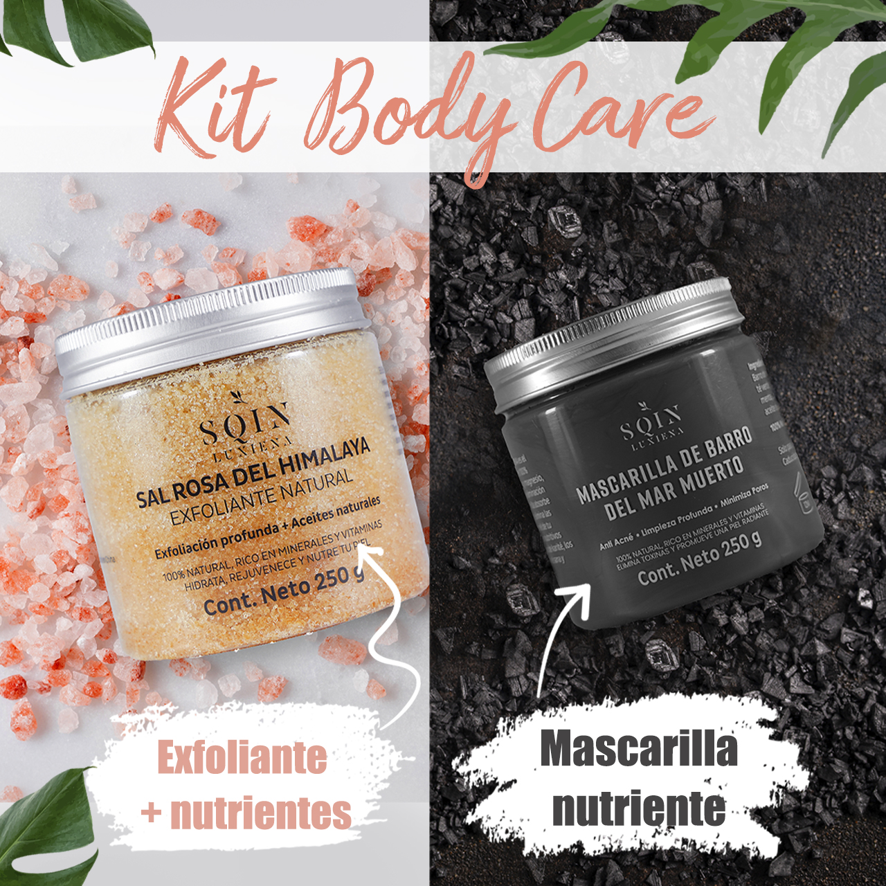 Kit SQIN LX: Exfoliante de Sal Rosa del Himalaya + Mascarilla Facial de Barro del Mar Muerto.