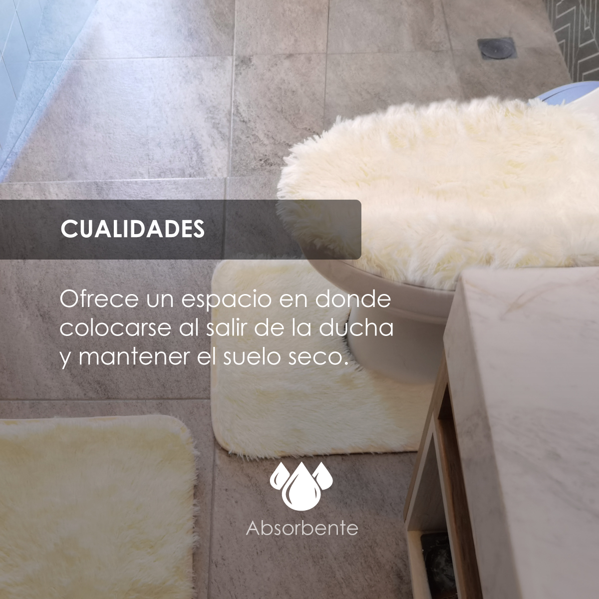 Tapete de baño, juego 3 piezas alfombrillas shag color crema