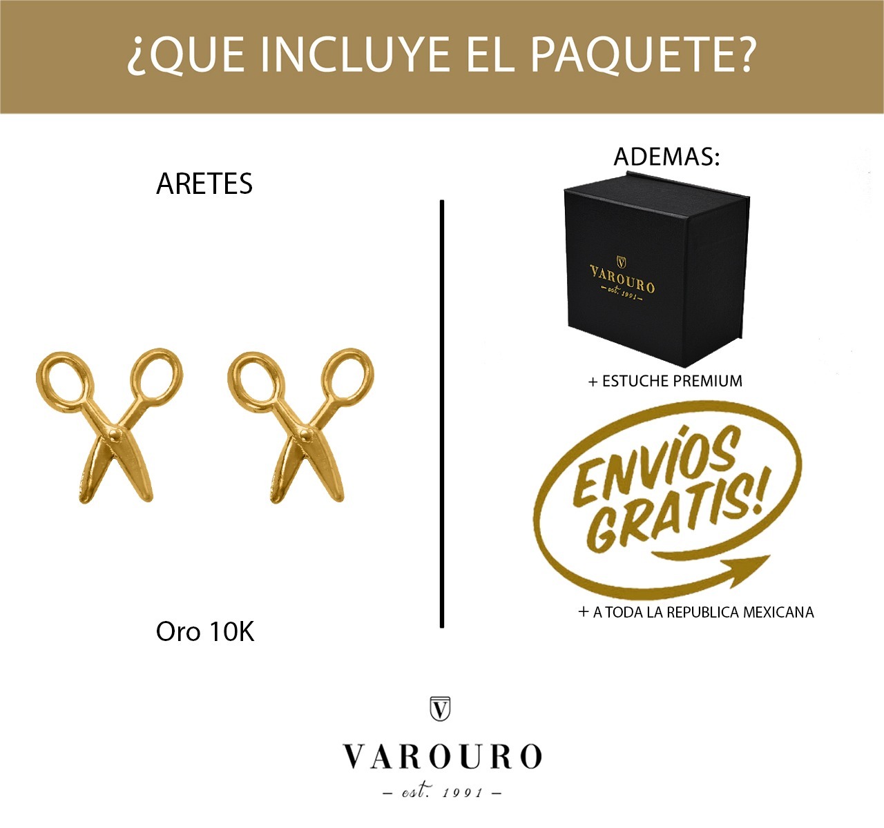 Aretes Broqueles Tijeras VAROURO  Oro Puro 10k Peluquero Estilista