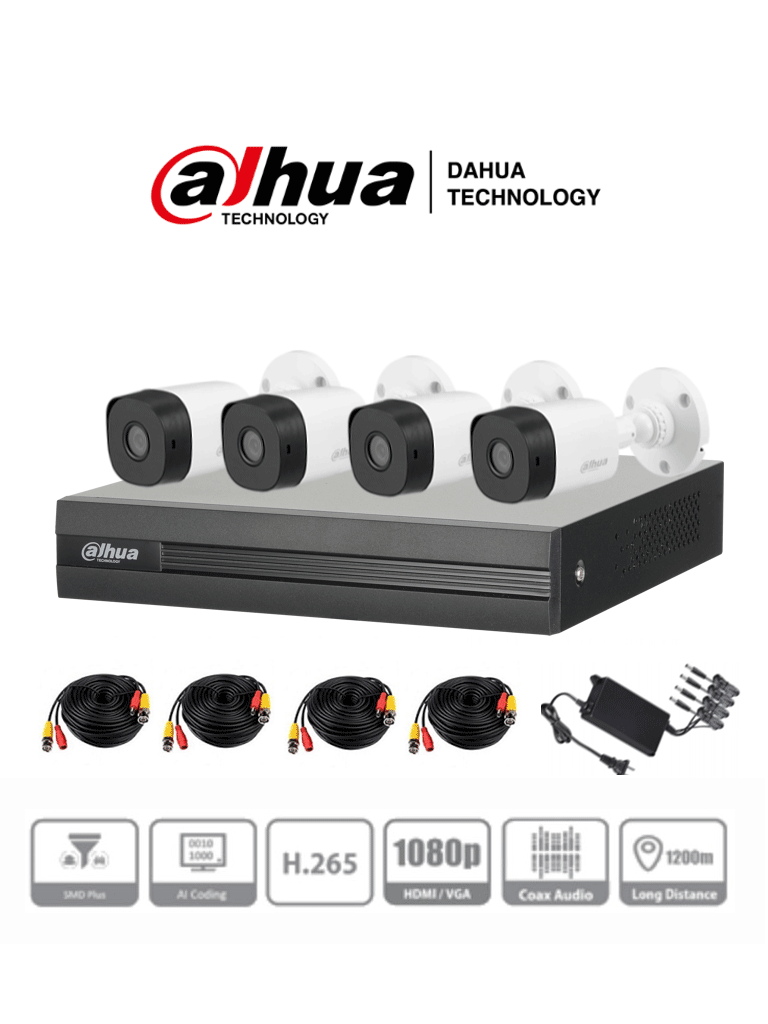 Kit De Vigilancia Dahua Wiz Sense 4 Camaras 720P Y 4canales 1080p