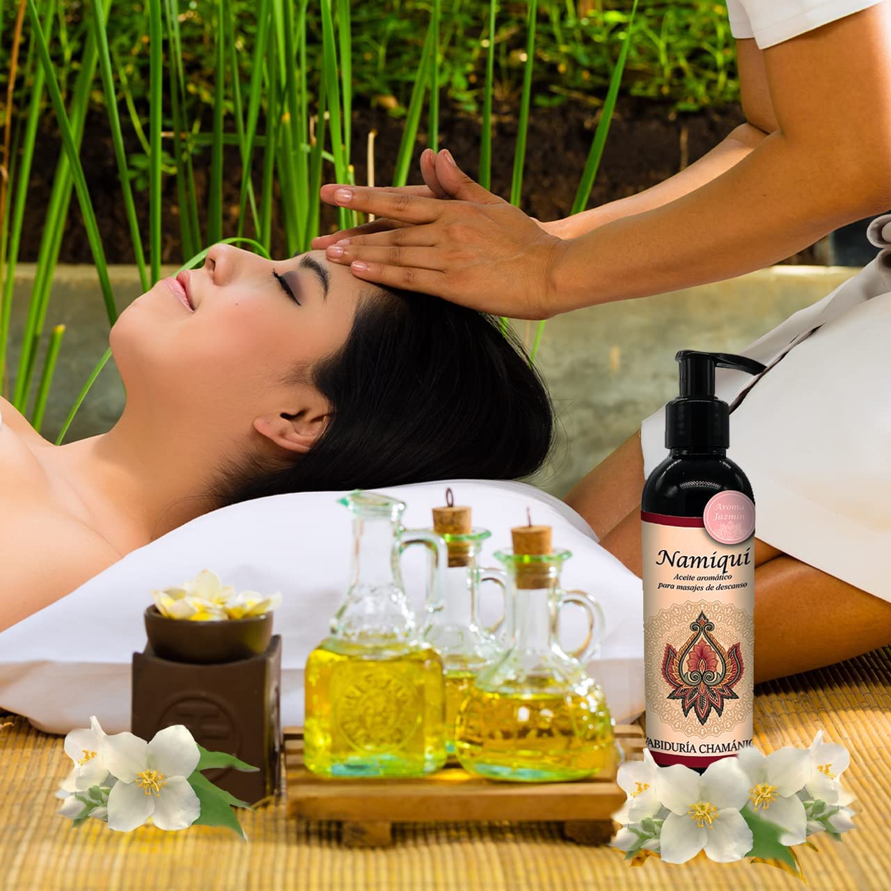 Aceite para masajes Premium Jazmin Namiqui, roce, friccion, percusion, relfexologia, tejido profundo, masajes, relax, relajacion, calma, paz, aroma, olores, aromaterapia, hidratacion, humectacion, aceite esencial, bienestar, pindas, hierbas, herbal, fragancia, spa, hoteles, boutiques, sales, natural, baño, tina, camilla