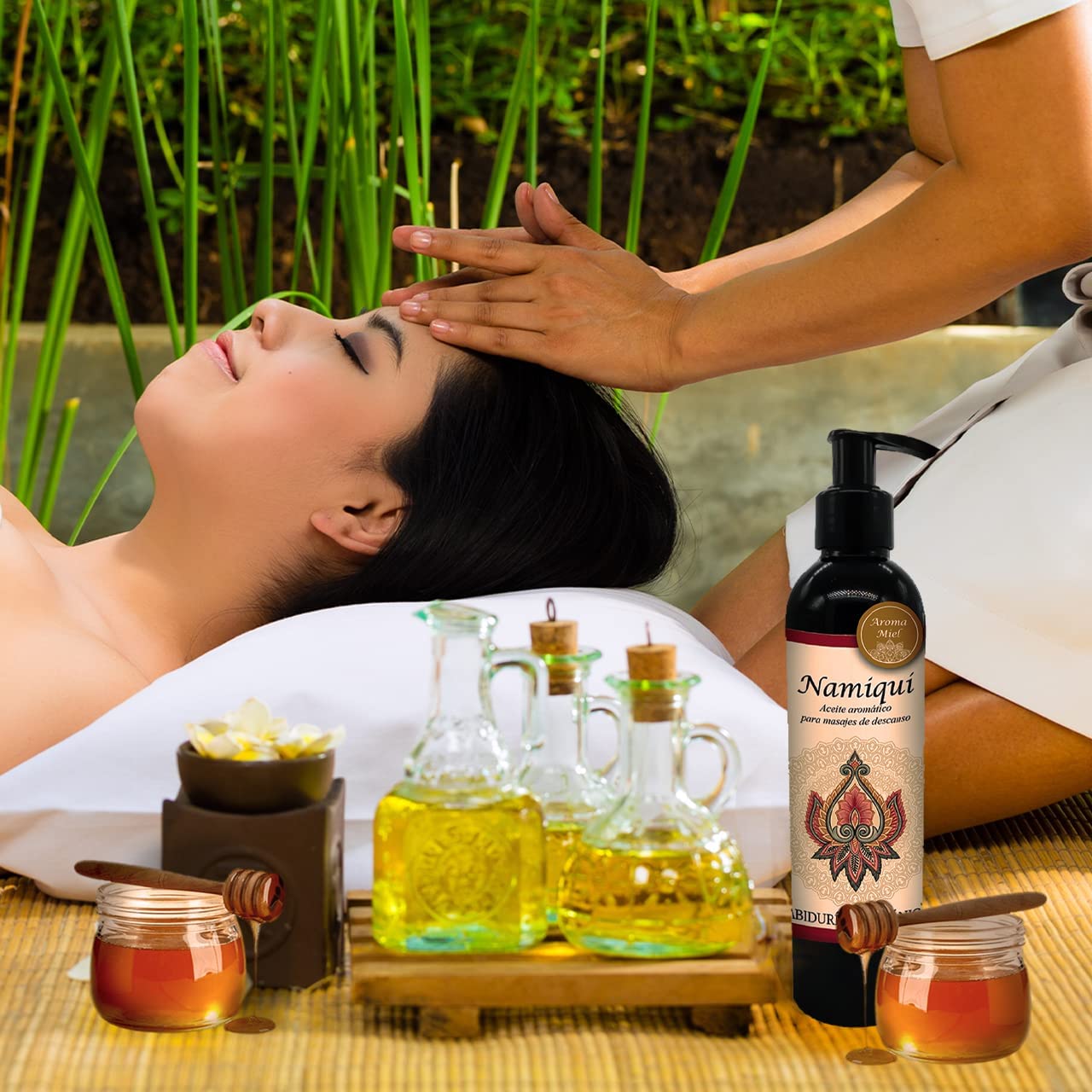 Aceite para masajes Premium Miel Namiqui, roce, fricción, percusión, reflexología, tejido profundo, masajes, relax, relajacion, calma, paz, aroma, olores, aromaterapia, hidratacion, humectacion, aceite esencial, bienestar, pindas, hierbas, herbal, fragancia, spa, hoteles, boutiques, sales, natural, baño, tina, camilla