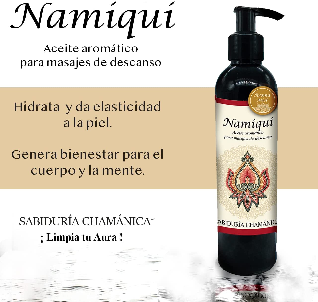 Aceite para masajes Premium Miel Namiqui, roce, fricción, percusión, reflexología, tejido profundo, masajes, relax, relajacion, calma, paz, aroma, olores, aromaterapia, hidratacion, humectacion, aceite esencial, bienestar, pindas, hierbas, herbal, fragancia, spa, hoteles, boutiques, sales, natural, baño, tina, camilla