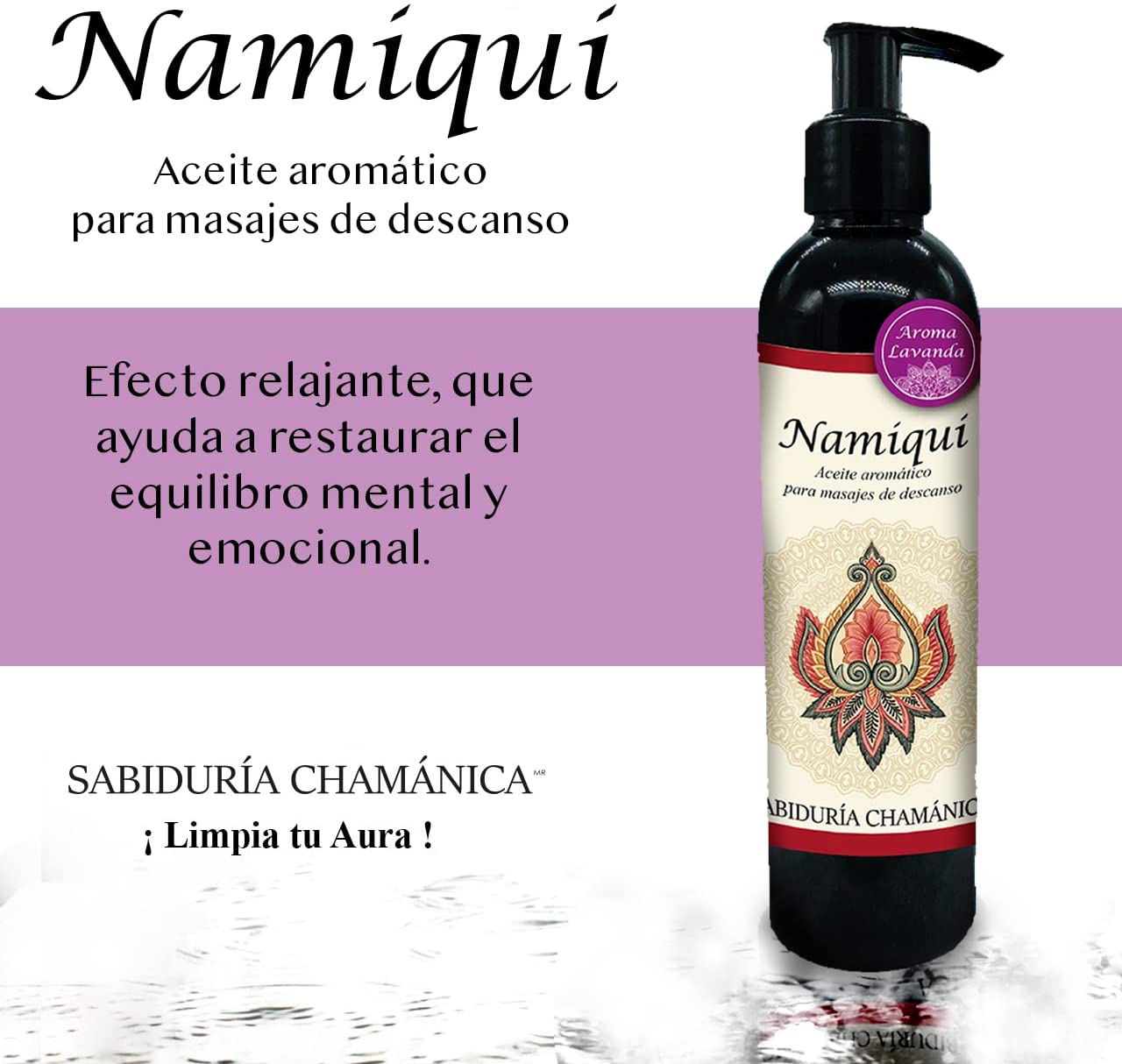 Aceite para masajes Premium Lavanda Namiqui, roce, fricción, percusión, reflexología, tejido profundo, masajes, relax, relajacion, calma, paz, aroma, olores, aromaterapia, hidratacion, humectacion, aceite esencial, bienestar, pindas, hierbas, herbal, fragancia, spa, hoteles, boutiques, sales, natural, baño, tina, camilla