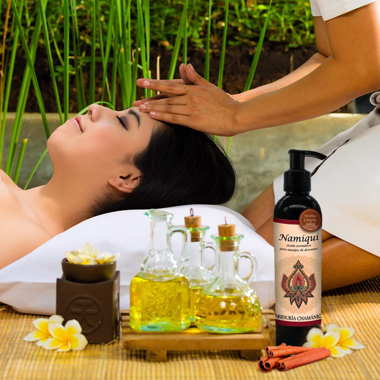 Aceite para masajes Premium Canela Namiqui, roce, fricción, percusión, reflexología, tejido profundo, masajes, relax, relajacion, calma, paz, aroma, olores, aromaterapia, hidratacion, humectacion, aceite esencial, bienestar, pindas, hierbas, herbal, fragancia, spa, hoteles, boutiques, sales, natural, baño, tina, camilla