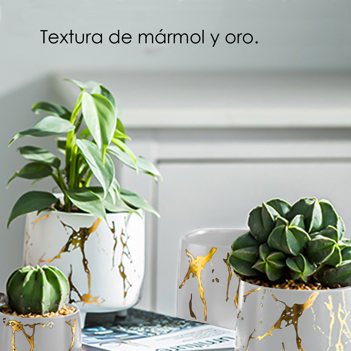 Macetero diseño craquelado maceta redondainterior/exterior (Blanco)