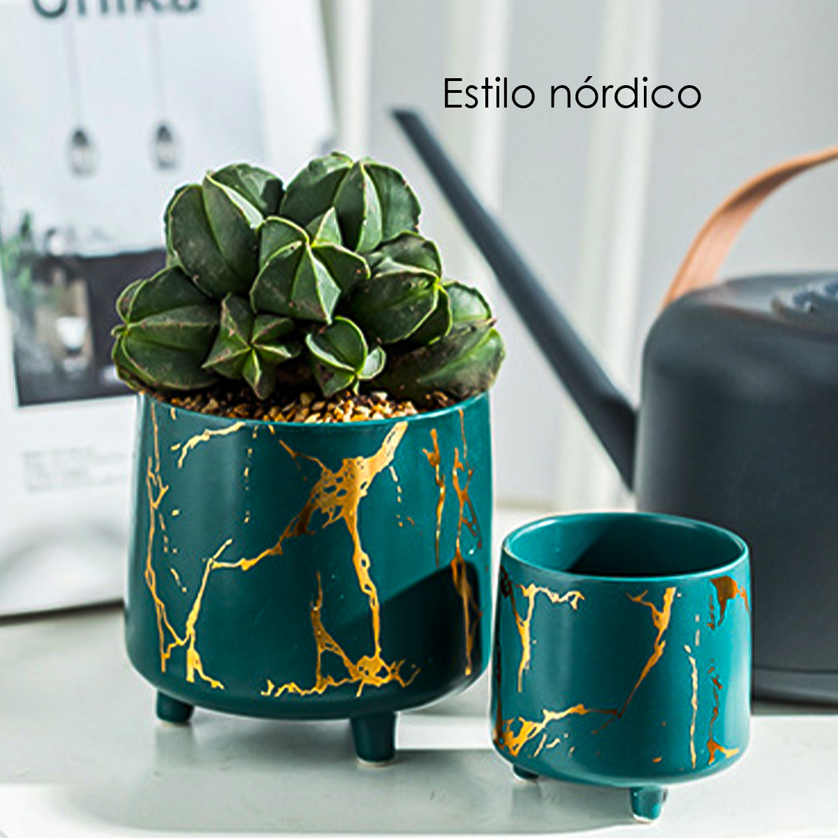 Macetero diseño craquelado maceta redonda interior/exterior (Verde)