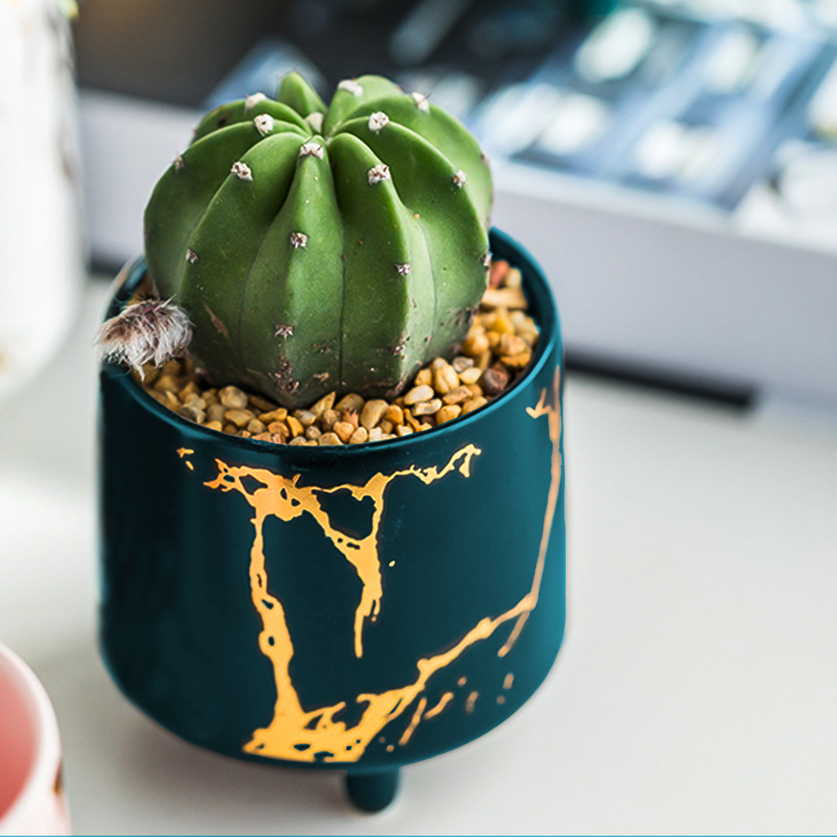 Macetero diseño craquelado maceta redonda interior/exterior (Verde)