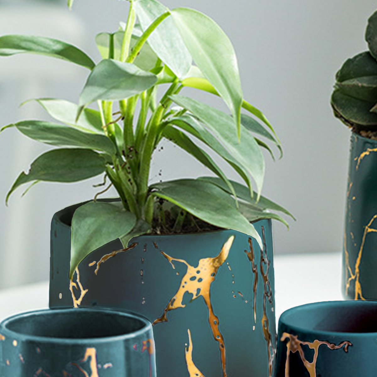 Macetero diseño craquelado maceta redonda interior/exterior (Verde)