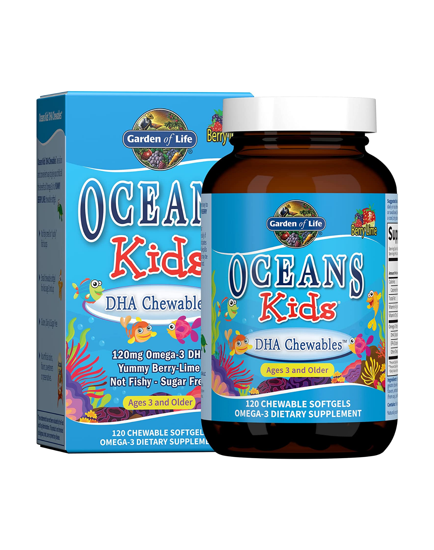 GARDEN OF LIFE OCEANS KIDS 120CT ACEITE DE PESCADO CAPSULAS BLANDAS MASTICABLES SABOR BERRY-LIME VITAMINA OMEGA 3 NIÑOS ANTIOXIDANTE