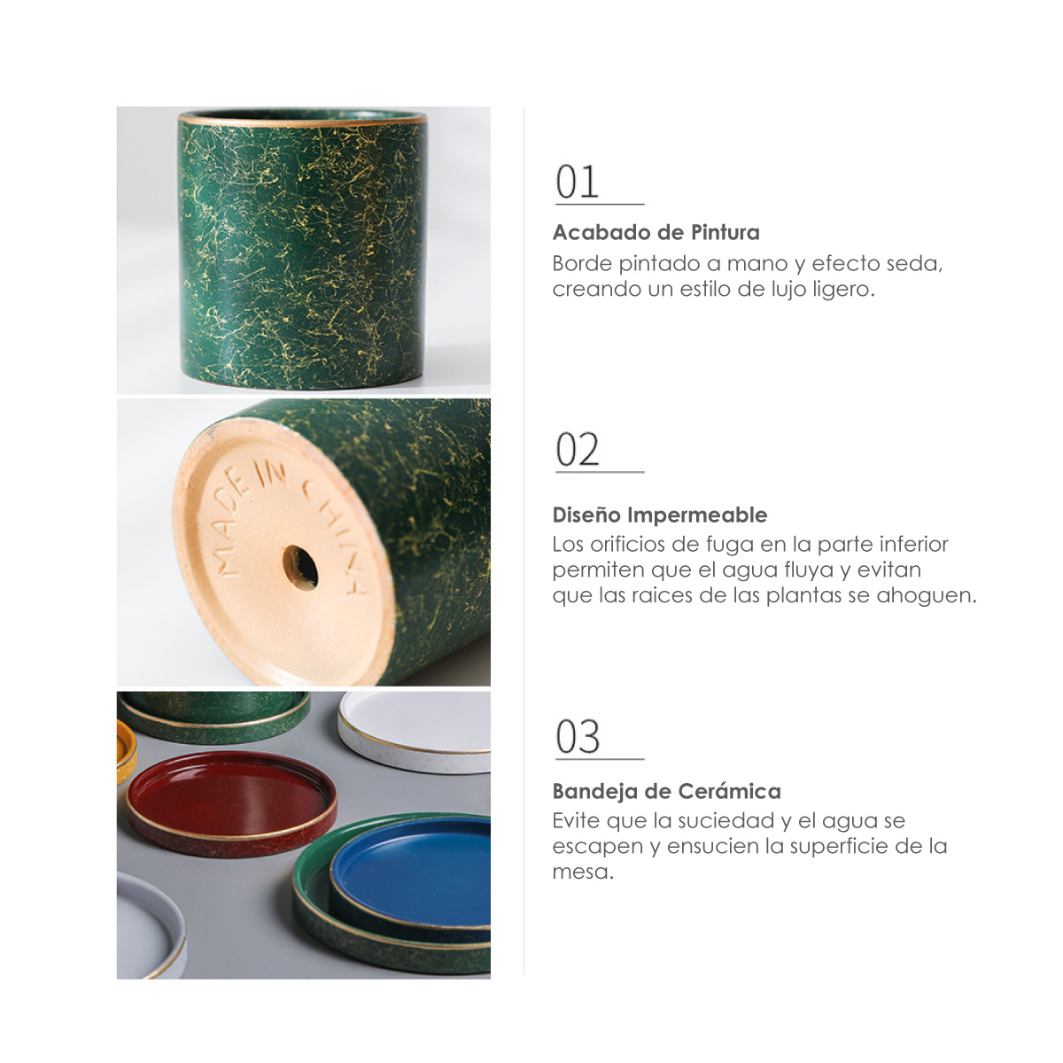 Ilios Innova Macetero borde dorado 18 cm alto, maceta de cerámica con plato de base, Elegante maceta para flores.