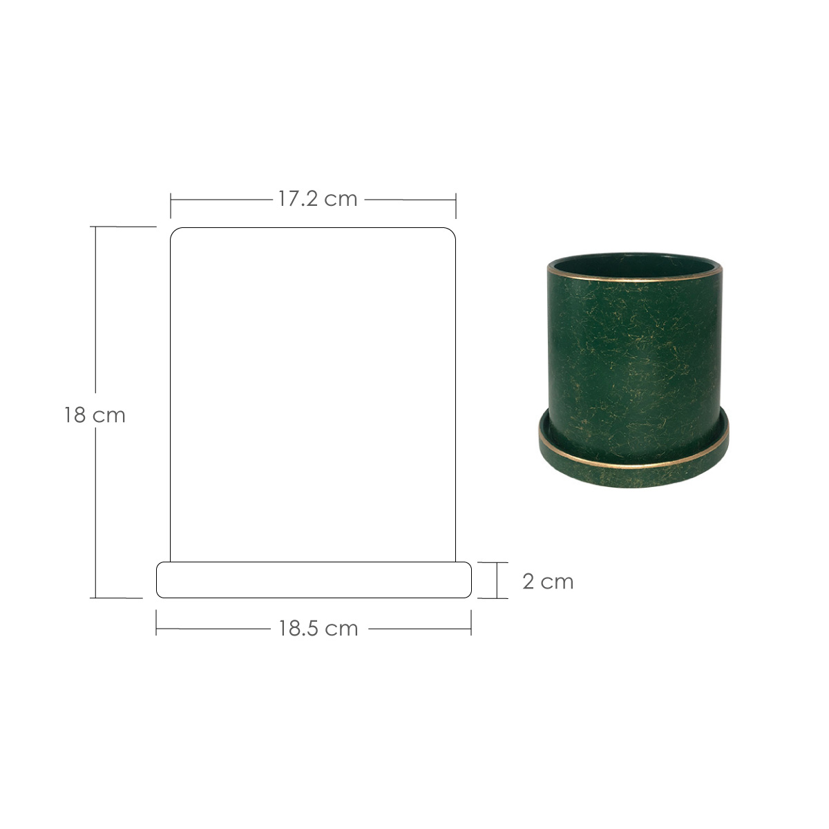 Ilios Innova Macetero borde dorado 18 cm alto, maceta de cerámica con plato de base, Elegante maceta para flores.