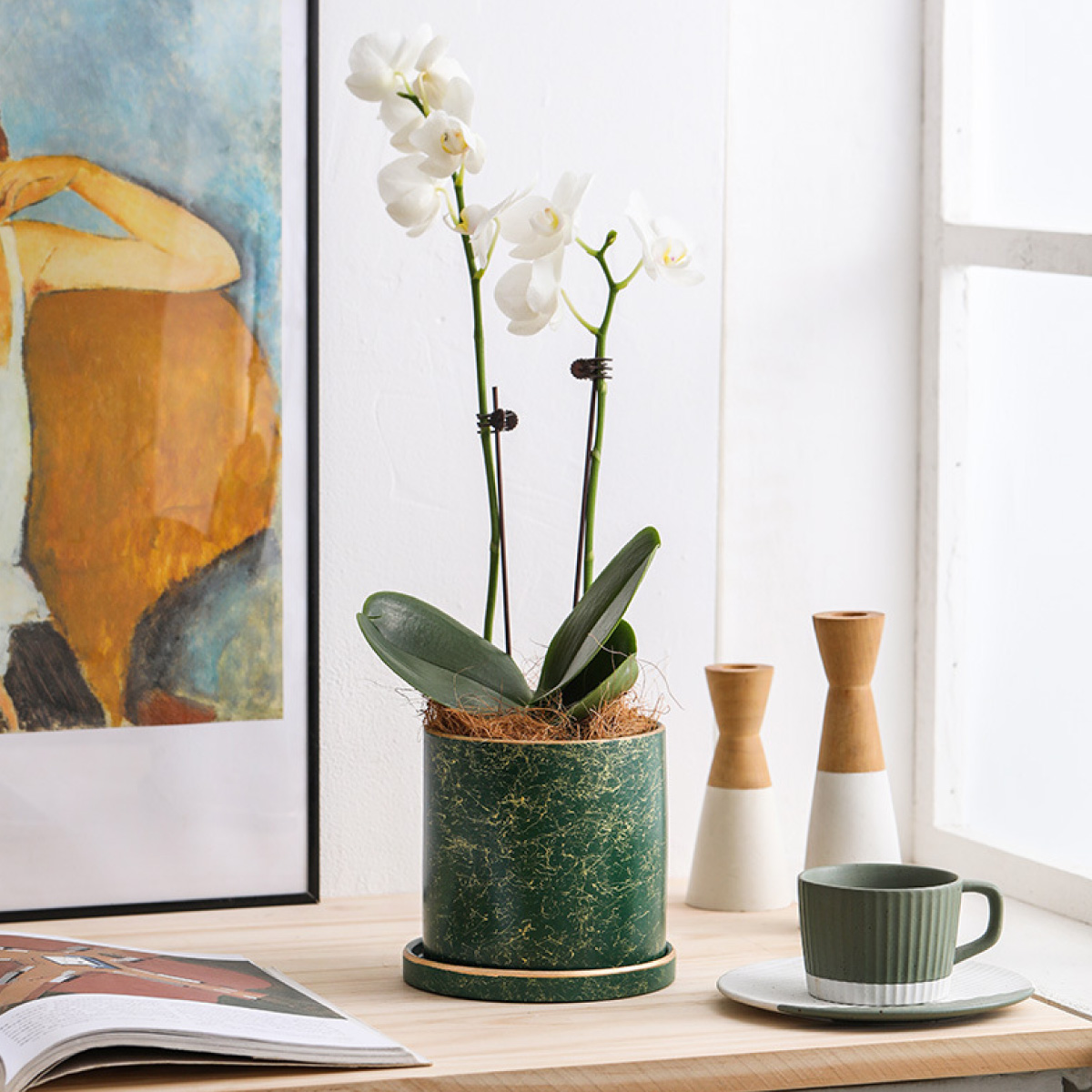 Ilios Innova Macetero borde dorado 18 cm alto, maceta de cerámica con plato de base, Elegante maceta para flores.