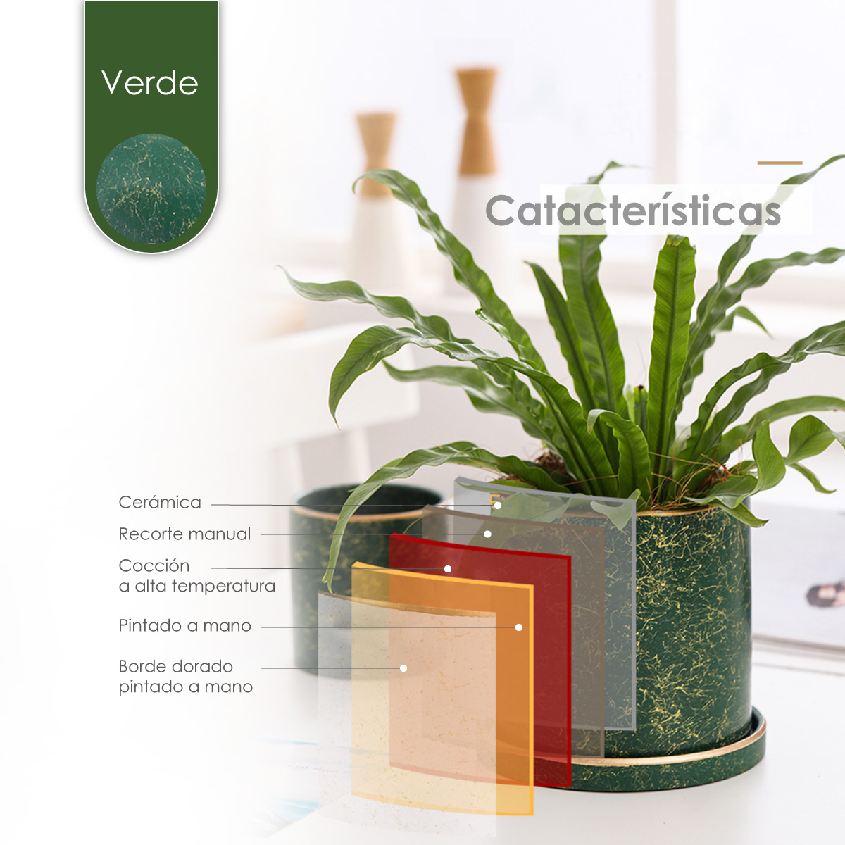 Ilios Innova Macetero borde dorado 18 cm alto, maceta de cerámica con plato de base, Elegante maceta para flores.