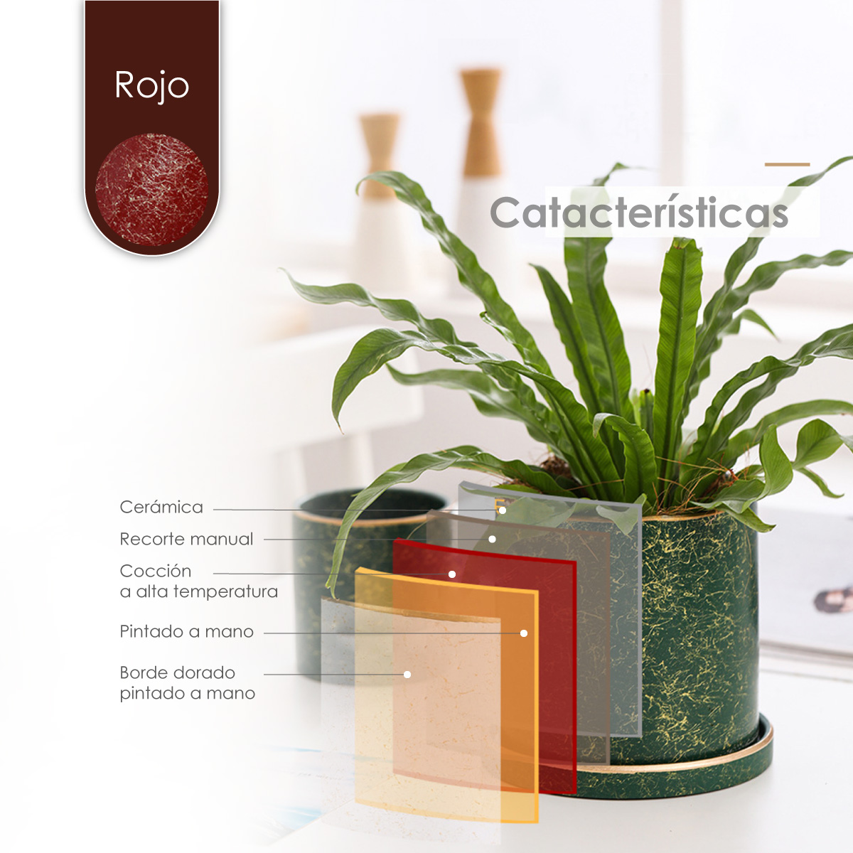 Ilios Innova Macetero borde dorado 18 cm alto, maceta de cerámica con plato de base, Elegante maceta para flores.