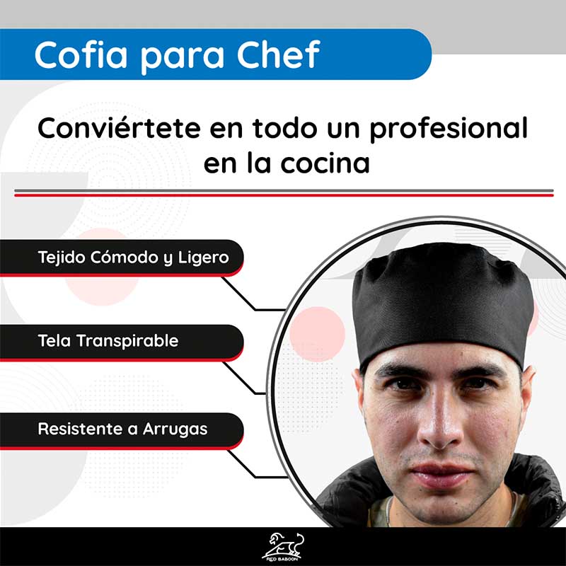 Cofía de Cocina, Gorro para Chef, Color Negro, Ajustable, Marca Red Baboon, Modelo Ratui