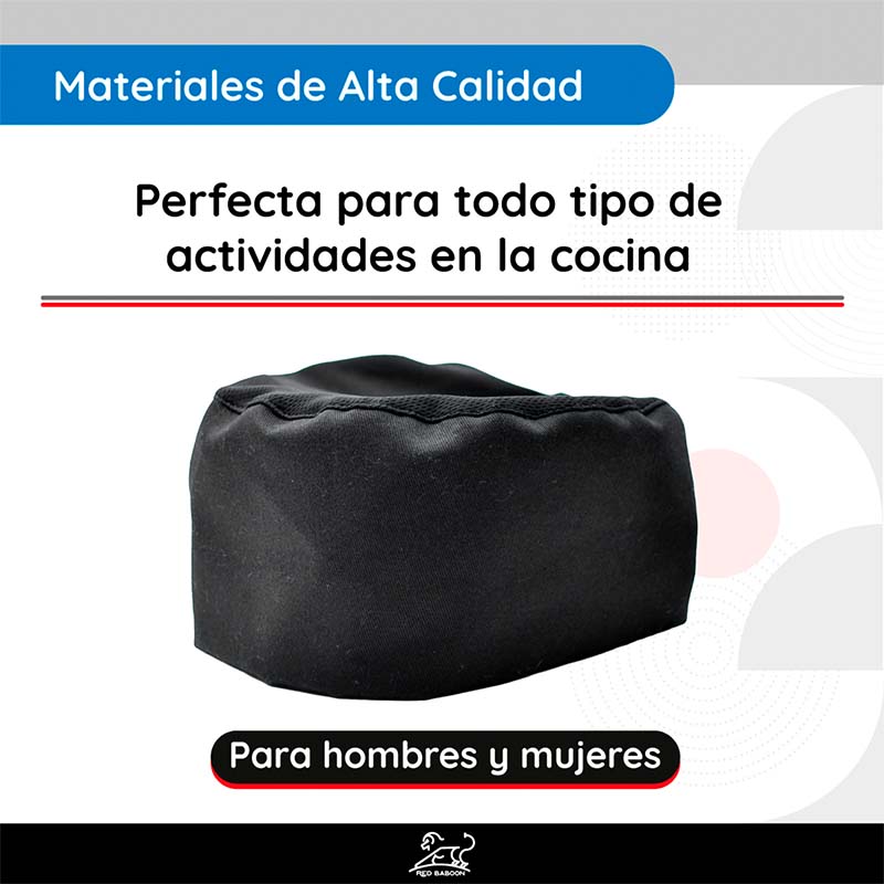 Cofía de Cocina, Gorro para Chef, Color Negro, Ajustable, Marca Red Baboon, Modelo Ratui