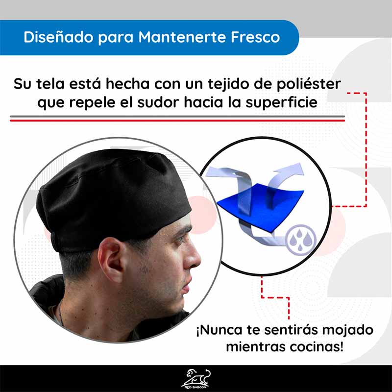 Cofía de Cocina, Gorro para Chef, Color Negro, Ajustable, Marca Red Baboon, Modelo Ratui