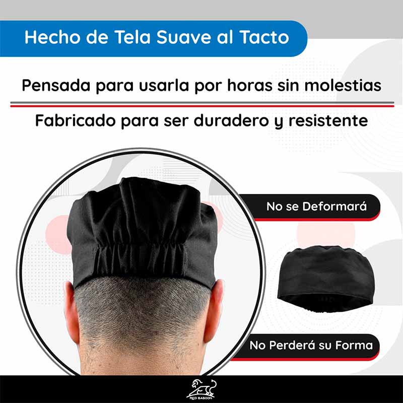 Cofía de Cocina, Gorro para Chef, Color Negro, Ajustable, Marca Red Baboon, Modelo Ratui