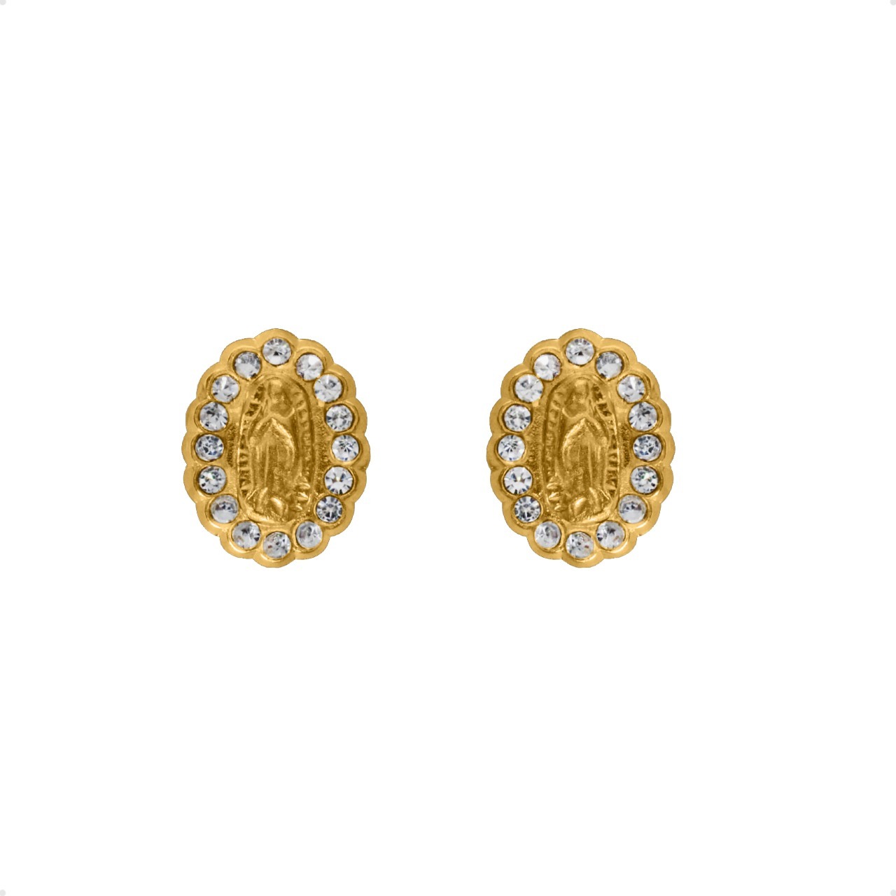 Aretes Broqueles Virgen Guadalupe VAROURO Oro 14k Zirconia + Estuche