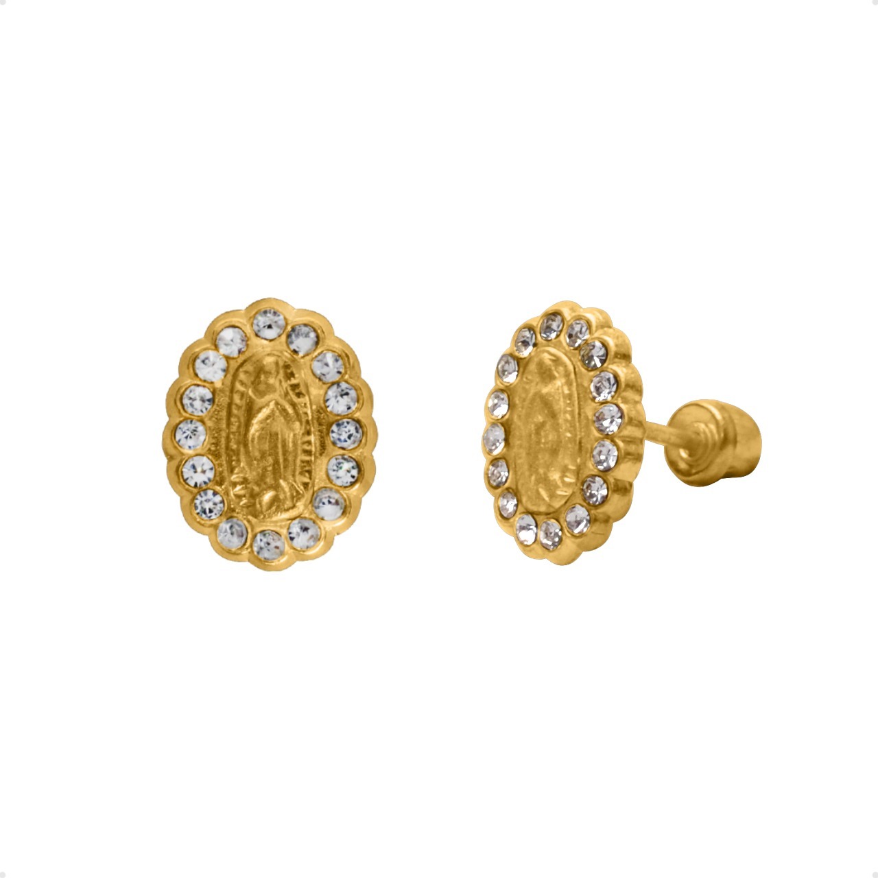 Aretes Broqueles Virgen Guadalupe VAROURO Oro 14k Zirconia + Estuche