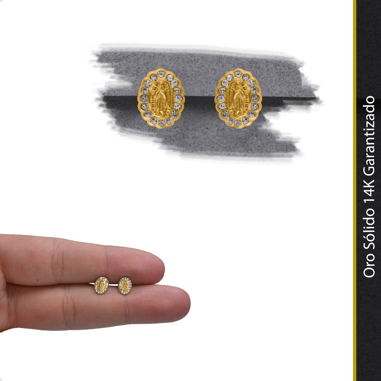Aretes Broqueles Virgen Guadalupe VAROURO Oro 14k Zirconia + Estuche