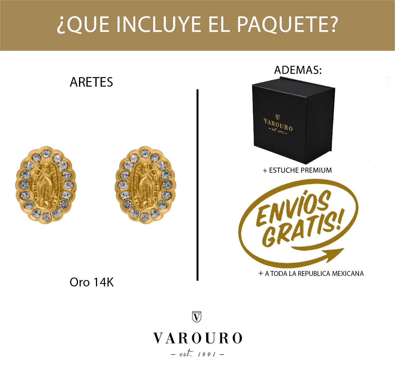 Aretes Broqueles Virgen Guadalupe VAROURO Oro 14k Zirconia + Estuche