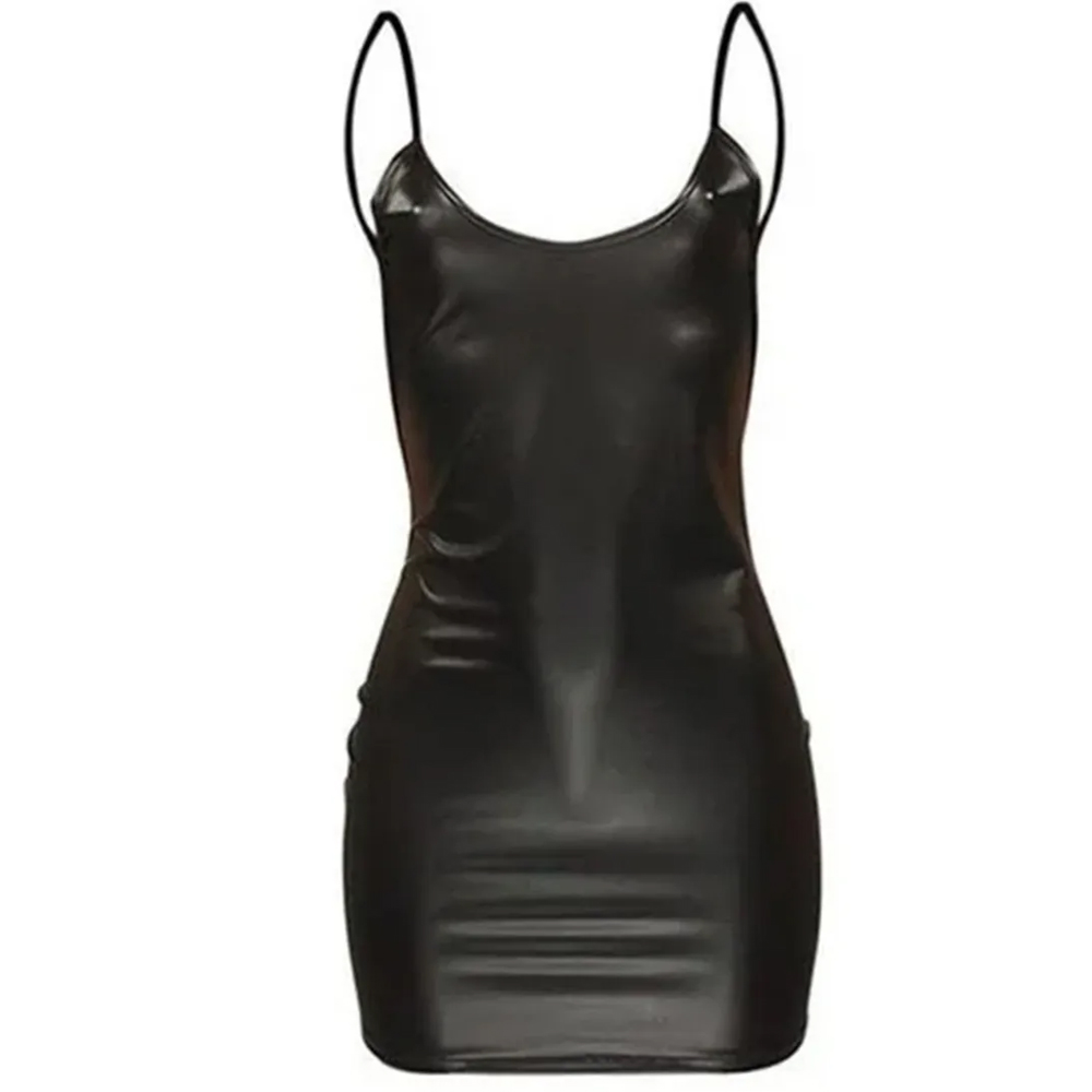 Vestido De Cuero Sin Espalda De Aspecto Mojado De Látex