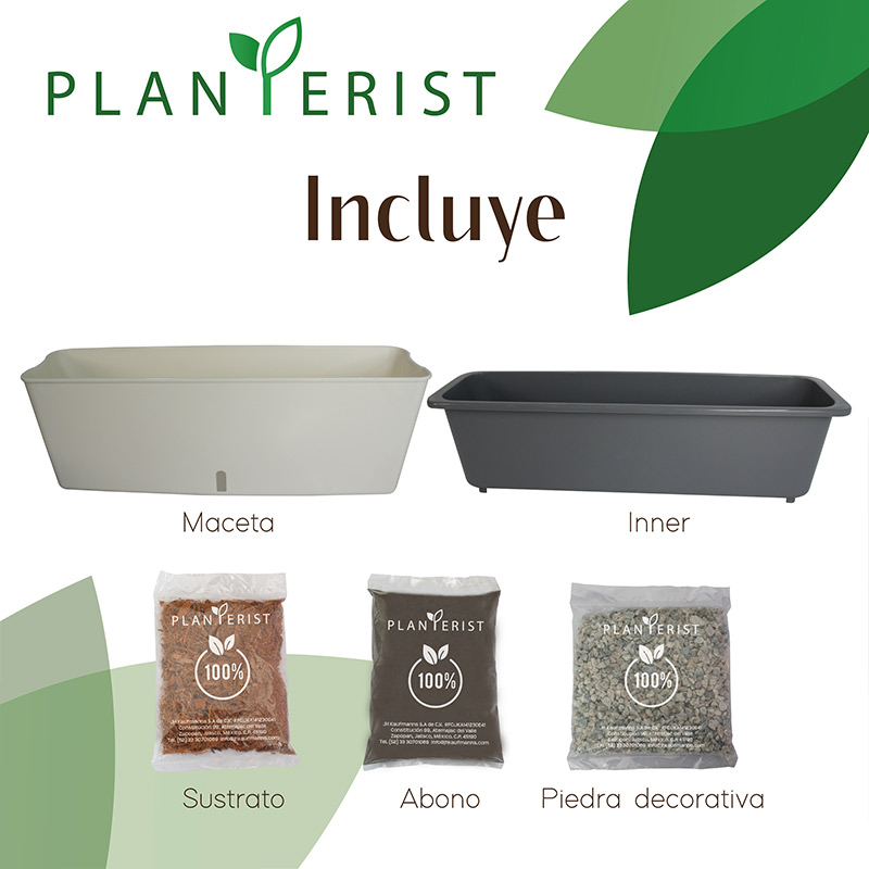 Planterist - Maceta jardínera autorregable rectangular - Diseño moderno para interior y exterior - Ideal para balcones, ventanas, cocinas, hogar y oficina. Plástico PP anti UV. Medidas (43cm de largo x 12 cm de ancho x 15 cm de alto) (Blanco brilloso)