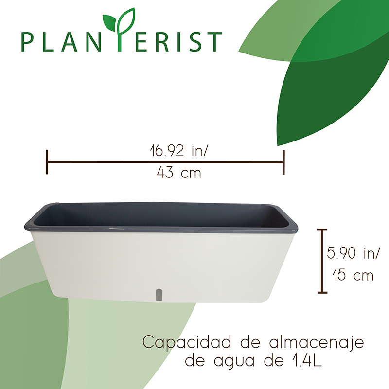 Planterist - Maceta jardínera autorregable rectangular - Diseño moderno para interior y exterior - Ideal para balcones, ventanas, cocinas, hogar y oficina. Plástico PP anti UV. Medidas (43cm de largo x 12 cm de ancho x 15 cm de alto) (Blanco brilloso)